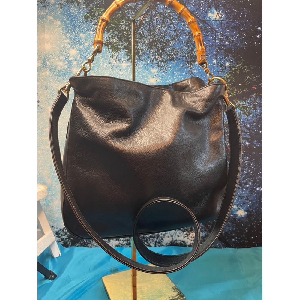 Women's Gucci Black Leather Bamboo Handle Shoulder Bag Purse Excel Cond